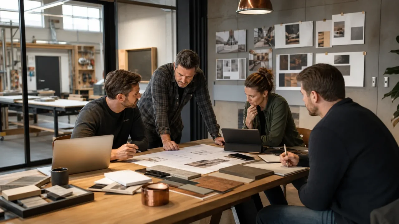 Handwerksbetrieb plant digitale Marketingmaßnahmen mit Smartphone und Laptop