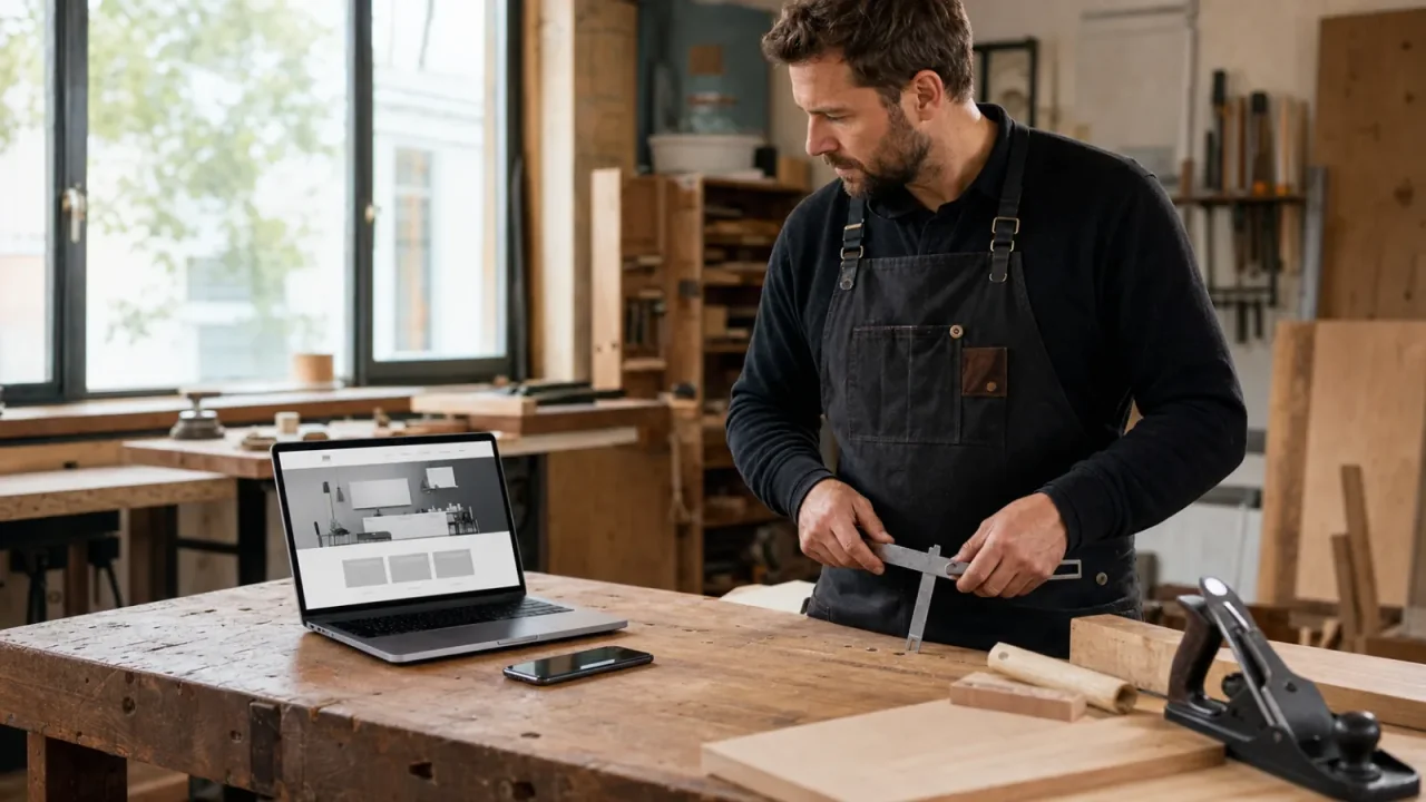 Professionelle Handwerker-Website auf einem Laptop in einer Werkstatt