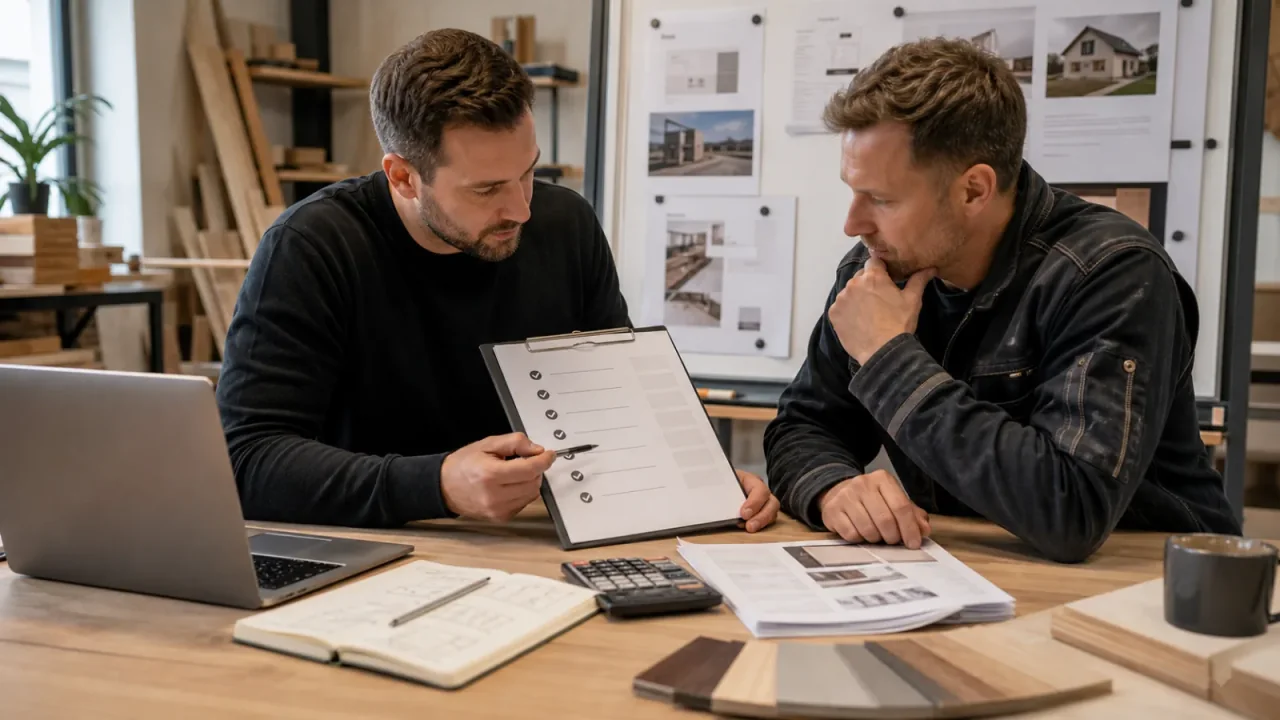 Angebotsplanung für eine Handwerker-Website mit Laptop, Notizen und Kalkulation